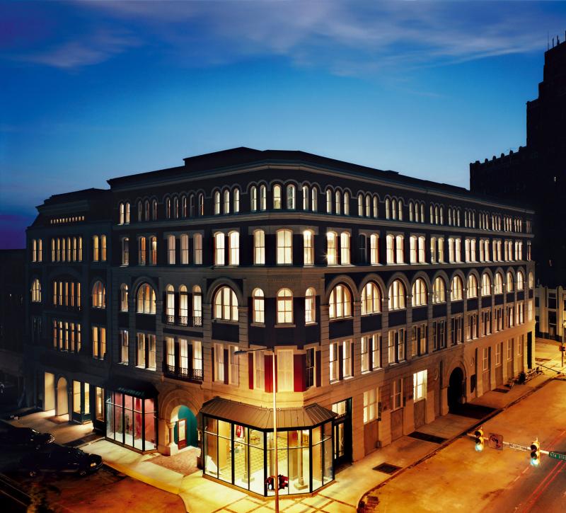 The MSU Riley Center lit at night